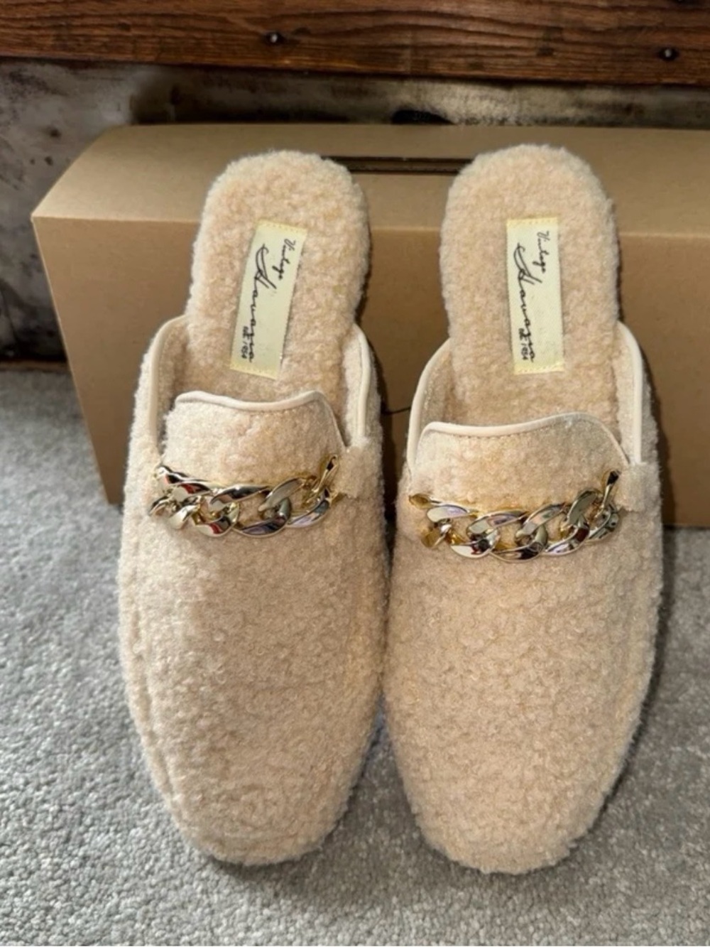 Cozy Beige Chain-Trim Mule Slippers - Women's Shoes